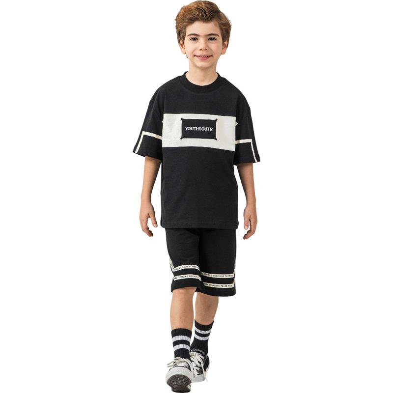 3332 Wholesale summer two-piece set for boys aged 5-8 years: YOUTHSOUTR printed t-shirt and long shorts.