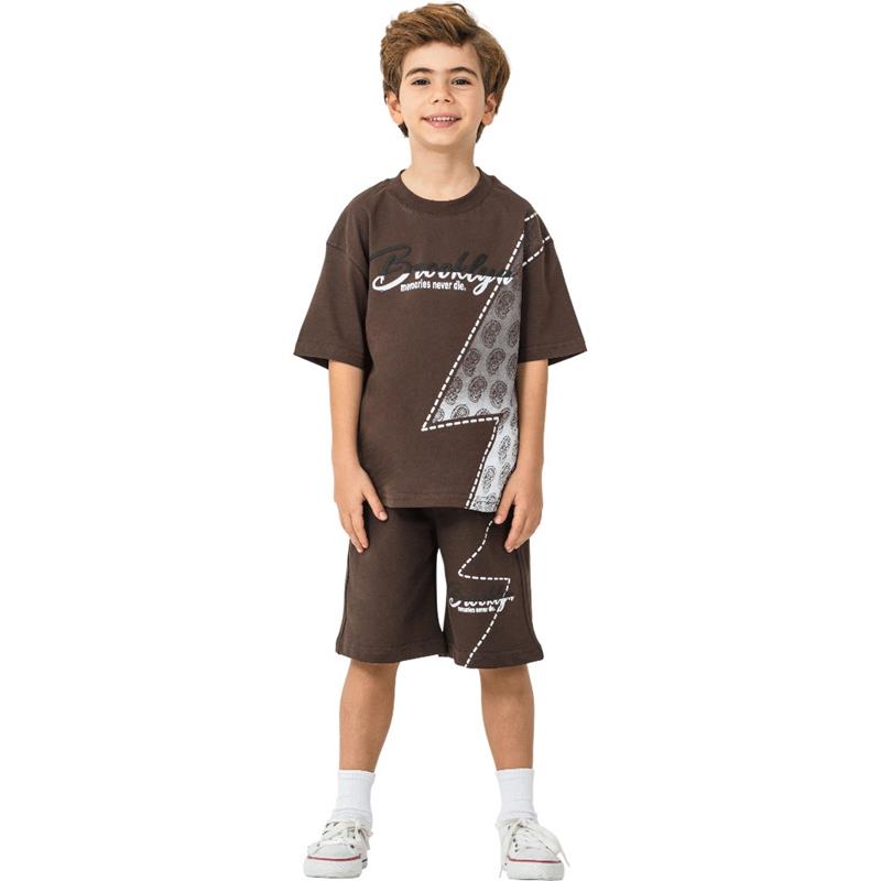 4337 Wholesale summer two-piece set for boys aged 9-12: BROOKLYN printed t-shirt and long shorts