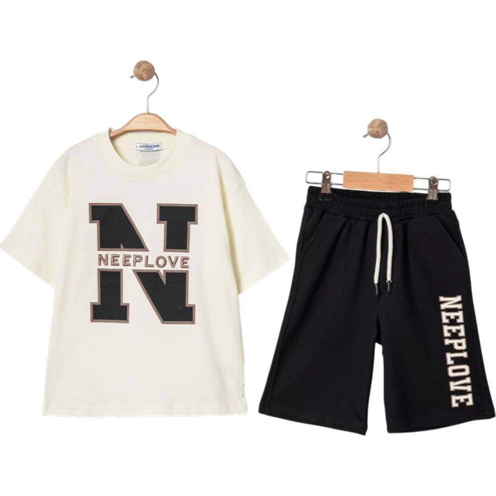 4341 Wholesale 9-12 Years Old Boys Summer Two-Piece Set Including NEEPLOVE Print T-Shirt and Long Shorts
