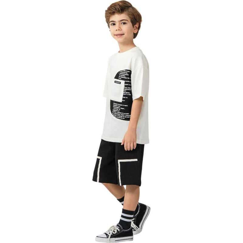 4343 toptan 9/12 yaş arası erkek çocuklar için Yazı baskılı tişört ve uzun şortlu yazlık ikili takım