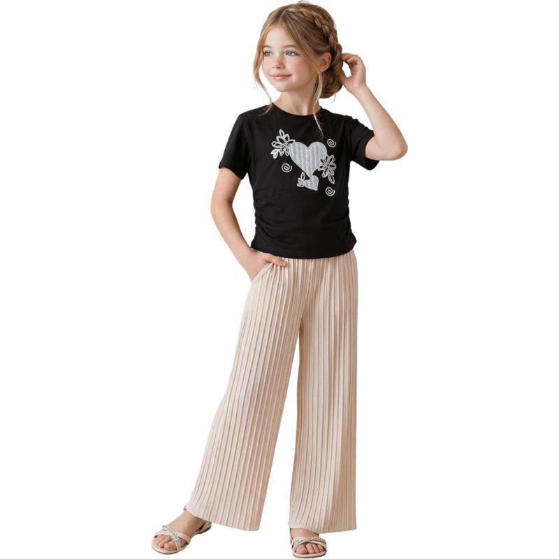 26439 Toptan 6-9 yaş arası kız çocuklar için tişört ve pantolon yazlık iki parçalı takımlar