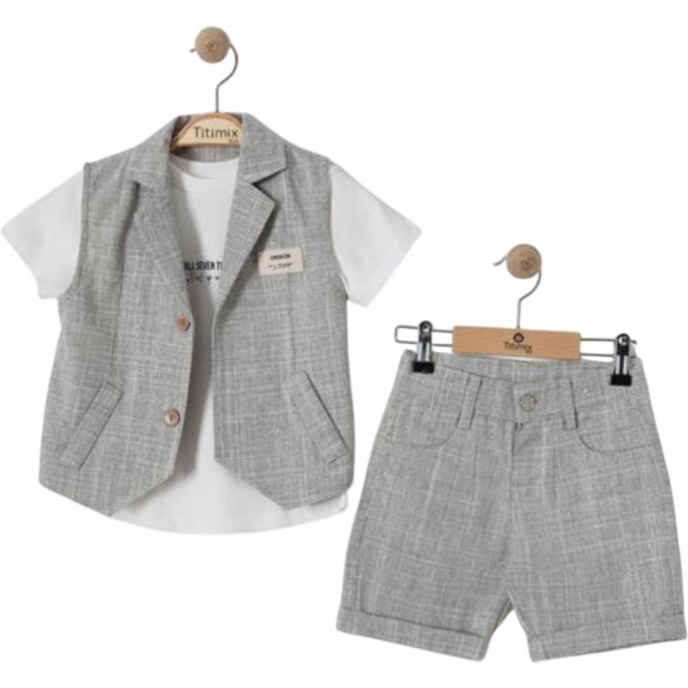 26759 wholesale three-piece summer sets for baby boys aged 9-24 months, including vest, t-shirt, and shorts.