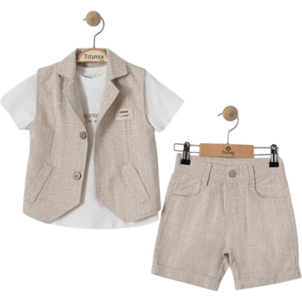 26759 wholesale three-piece summer sets for baby boys aged 9-24 months, including vest, t-shirt, and shorts.