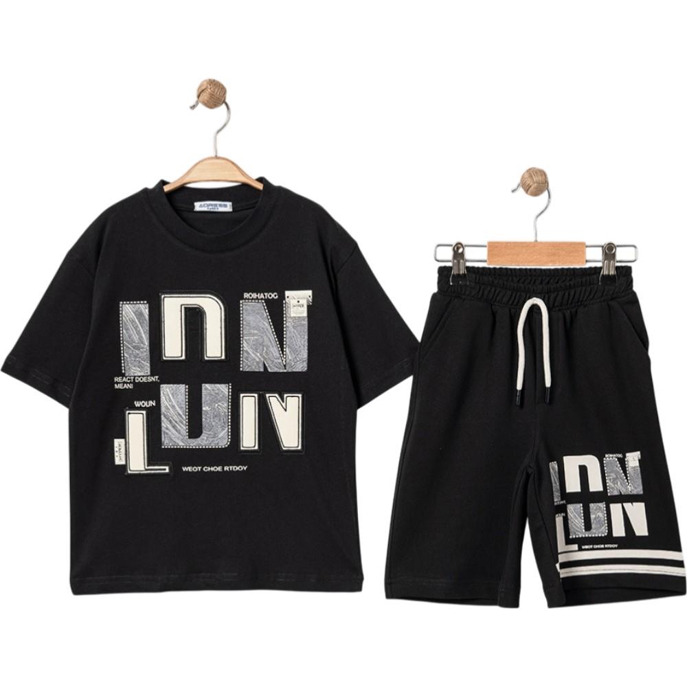 4335 Wholesale Summer Two-Piece Set for Boys 9-12 Years Old, Including LDN Print T-Shirt and Long Shorts