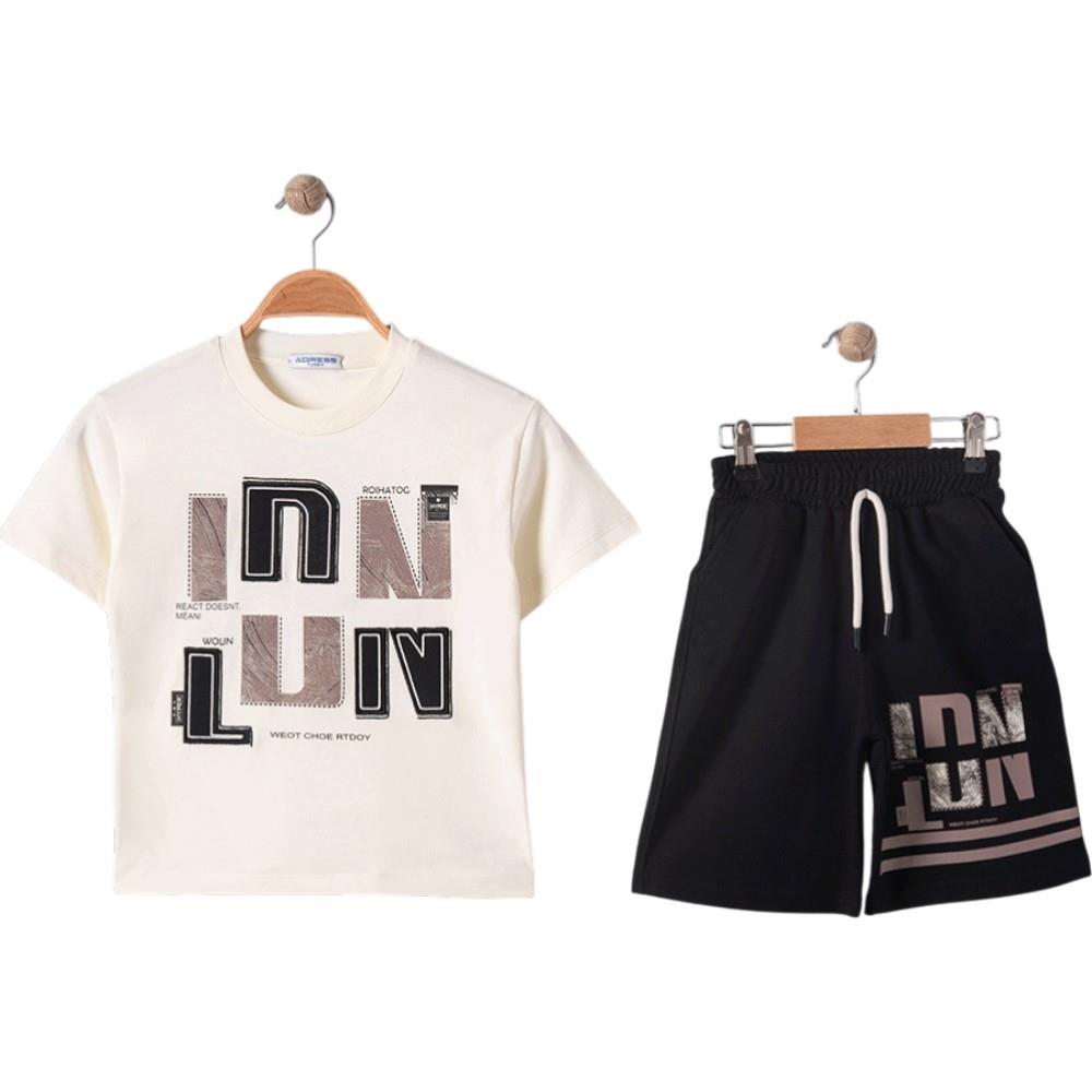 4335 Wholesale Summer Two-Piece Set for Boys 9-12 Years Old, Including LDN Print T-Shirt and Long Shorts