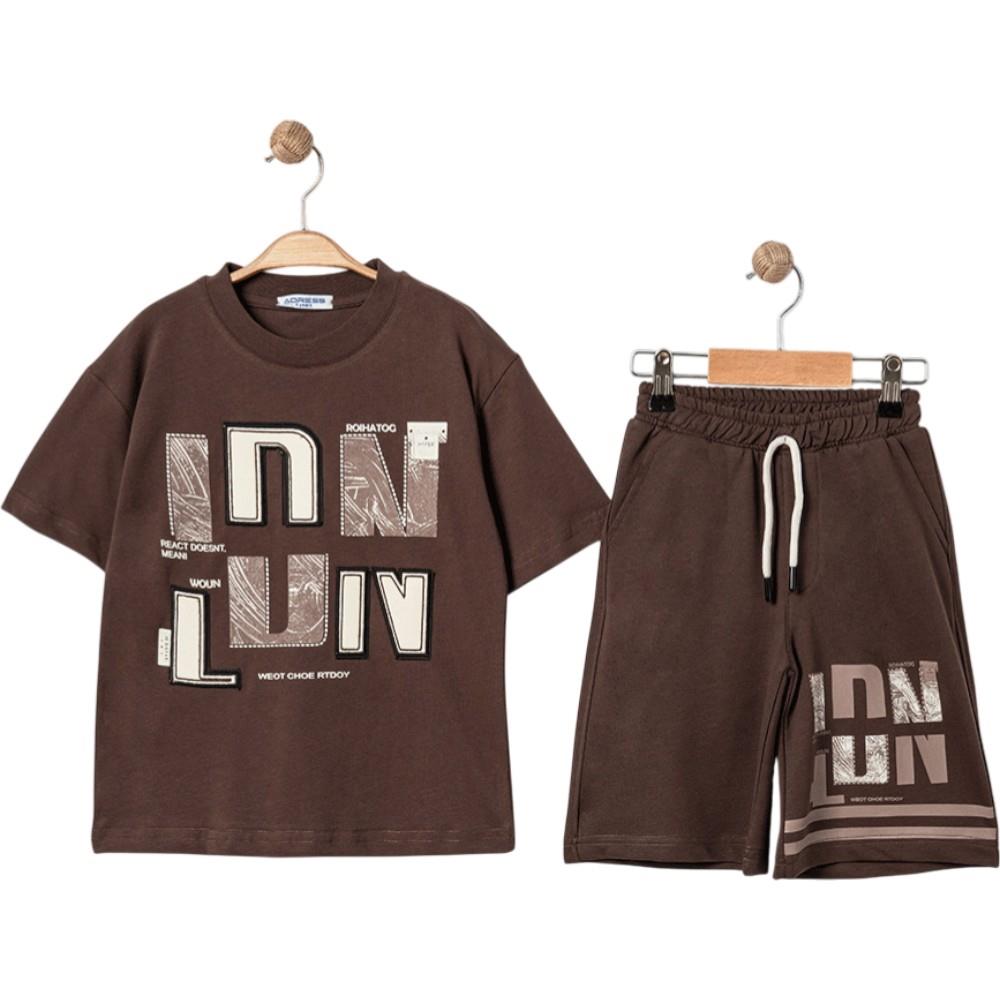 4335 Wholesale Summer Two-Piece Set for Boys 9-12 Years Old, Including LDN Print T-Shirt and Long Shorts