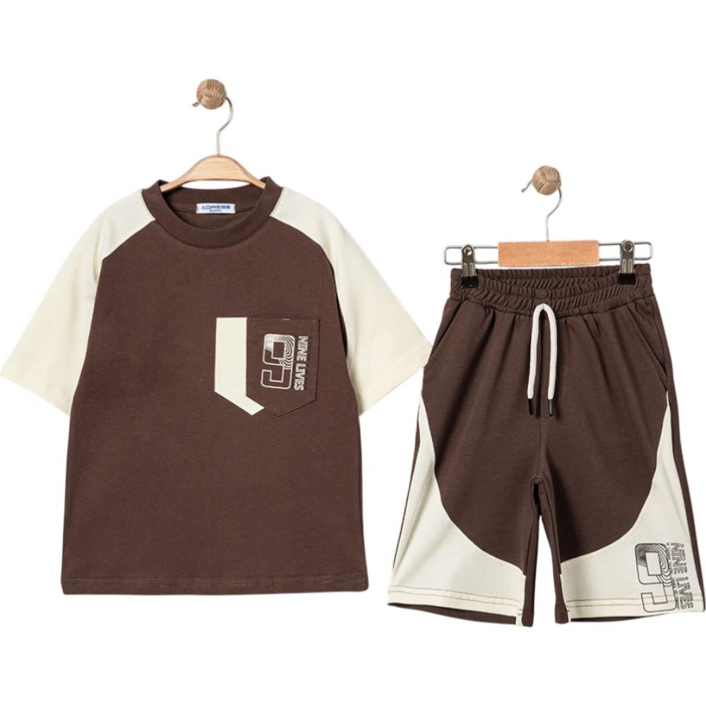 4344 wholesale summer two-piece set for boys aged 9-12, including a 9-print T-shirt and long shorts