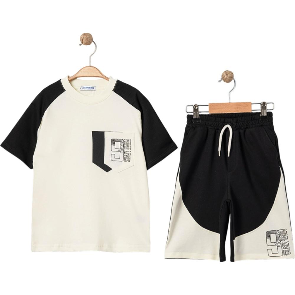 4344 wholesale summer two-piece set for boys aged 9-12, including a 9-print T-shirt and long shorts