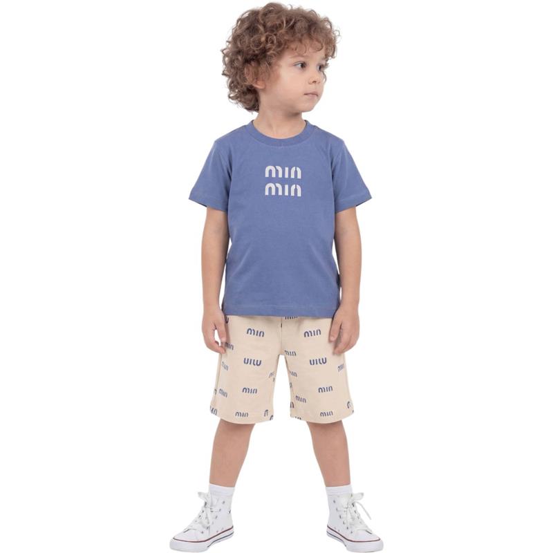 40937 toptan 2/5 yaş arası erkek çocuklar için MINMIN baskılı tişört ve uzun şortlu yazlık ikili takım