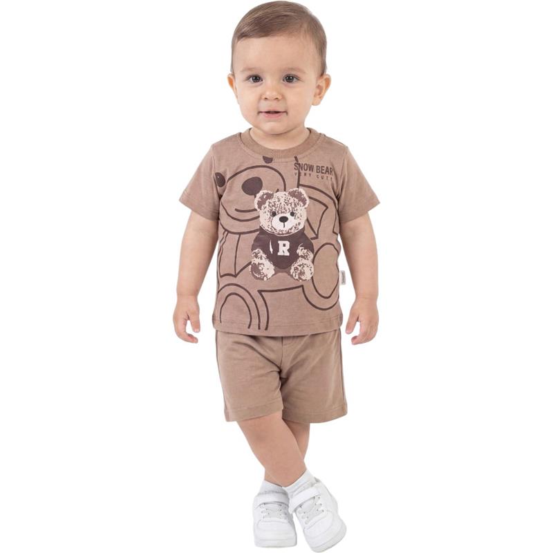 40939 toptan 6/24 aylık bebekler için SNOW BEAR nakışlı tişört ve şortlu yazlık ikili takım 