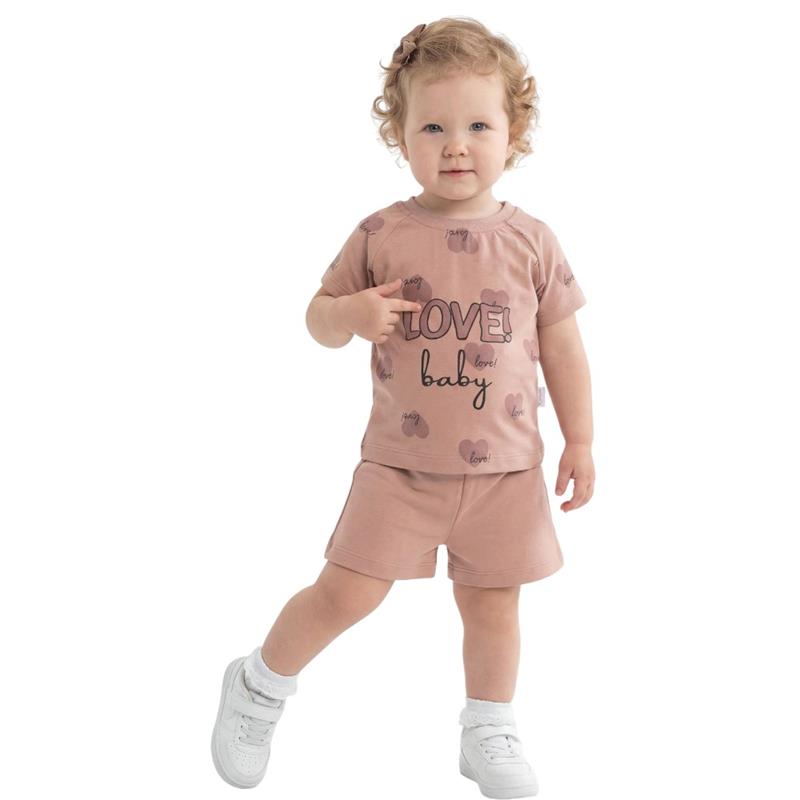 40949 toptan 6-24 aylık kız bebekler için LOVE BABY baskılı tişört ve şort yazlık iki parçalı takımlar 