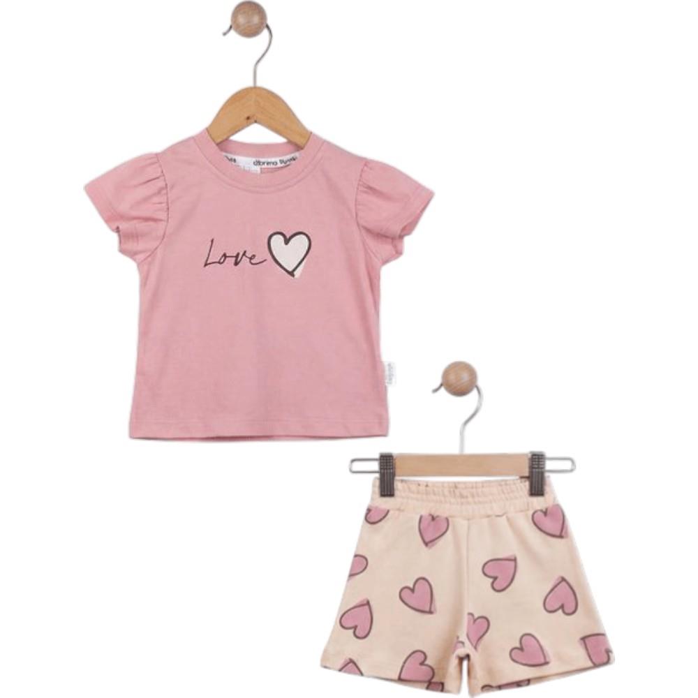 40947 Wholesale LOVE heart print t-shirt and heart pattern shorts summer two-piece sets for girls aged 6-24 months.