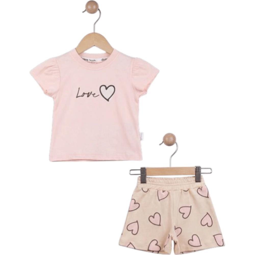 40947 Wholesale LOVE heart print t-shirt and heart pattern shorts summer two-piece sets for girls aged 6-24 months.