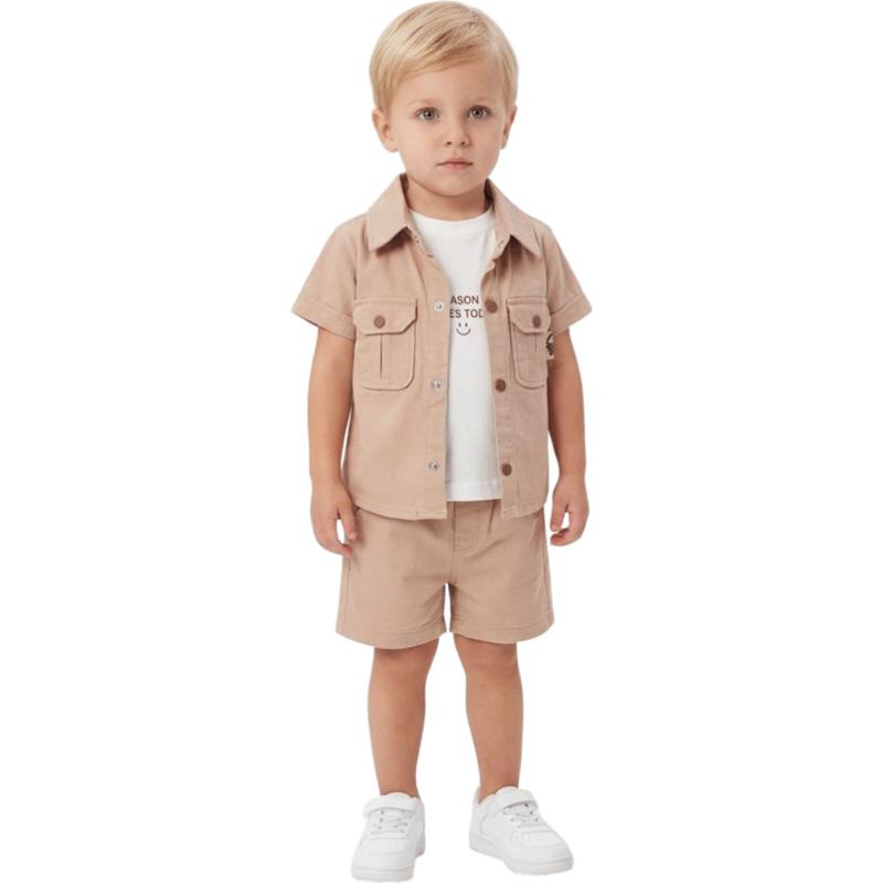 90044 Toptan 2-5 yaş arası erkek çocuklar için üç parçalı gömlek şort ve tişörtlü yazlık takımlar