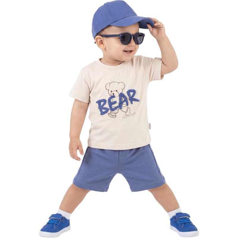 40934 Toptan 6-24 aylık erkek çocuklar için BEAR nakışlı tişört, şort ve şapkalı yazlık takım elbise