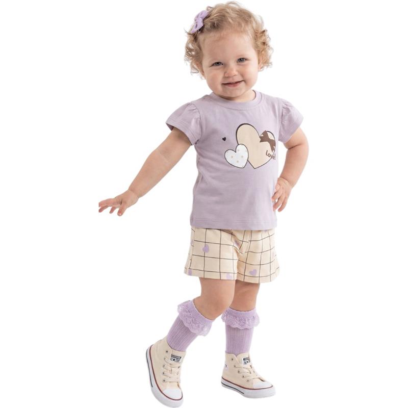 40935 toptan 6-24 aylık kız çocuklar için kalpli tişört ve şort yazlık iki parçalı takımlar