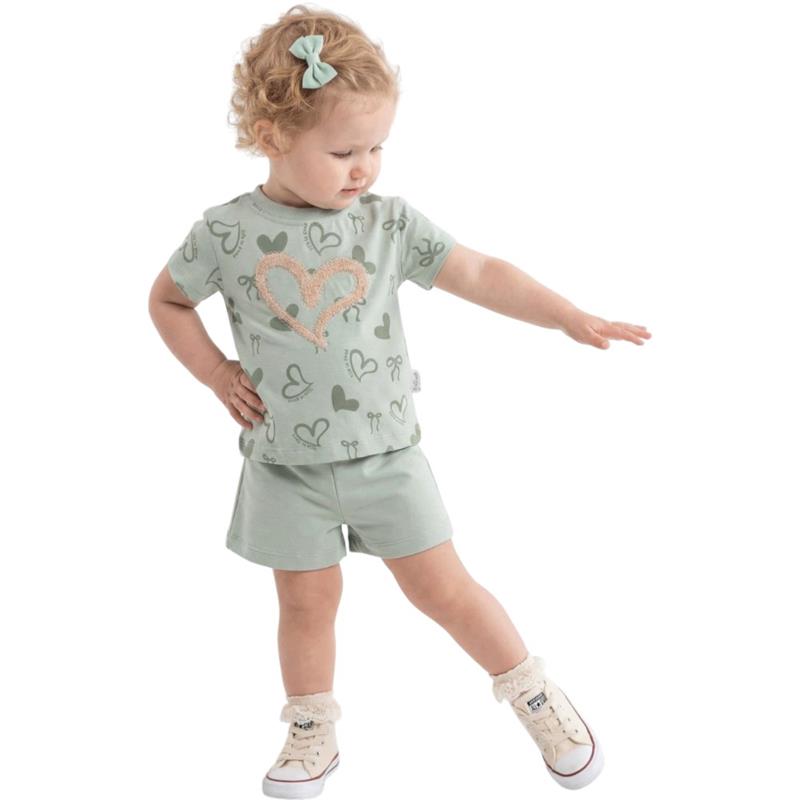 40929 toptan 6-24 aylık kız çocuklar için kalp desenli tişört ve şort yazlık iki parçalı takımlar