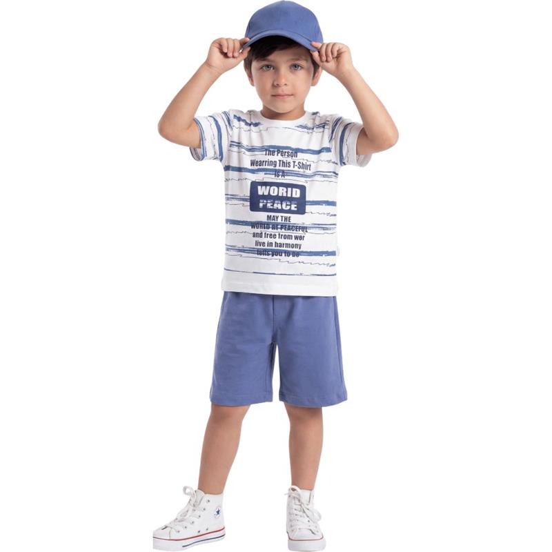 90054 Toptan 2-5 yaş arası erkek çocuklar için WORID baskılı tişört, şort ve şapkalı yazlık takım elbise