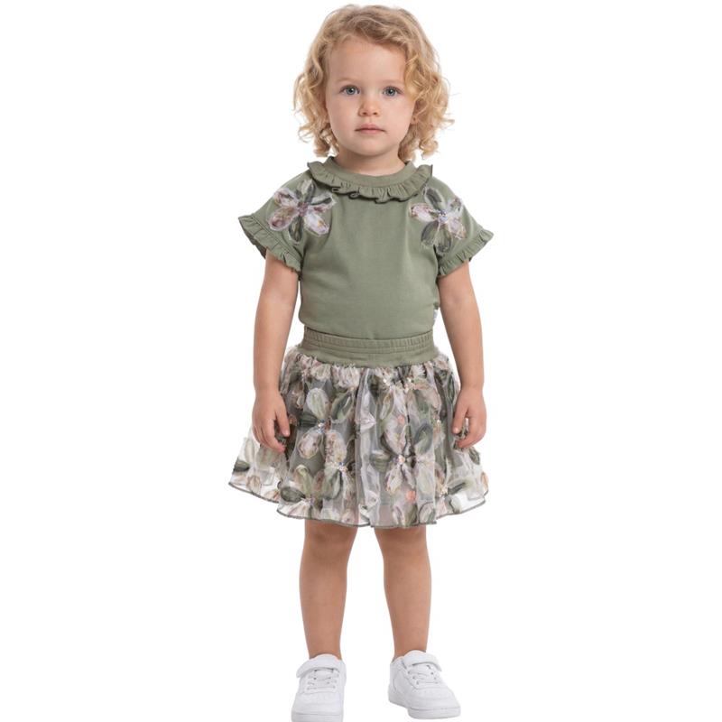 90052 toptan 2-5 yaş arası kız çocuklar için etekli tişörtlü yazlık iki parçalı takımlar