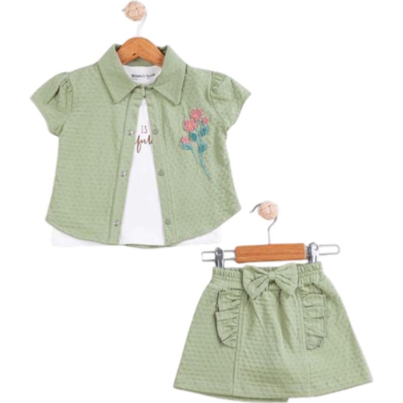 90072 toptan 6/24 aylık kız bebekler için üç parçalı gömlek, şort ve tişörtlü yazlık takımlar