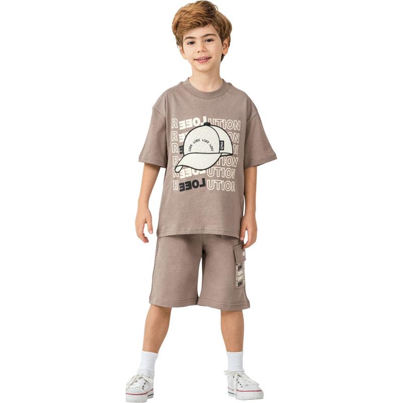 3333 toptan 5-8 yaş arası erkek çocuklar için şapka baskılı tişört ve şort yazlık iki parçalı takım