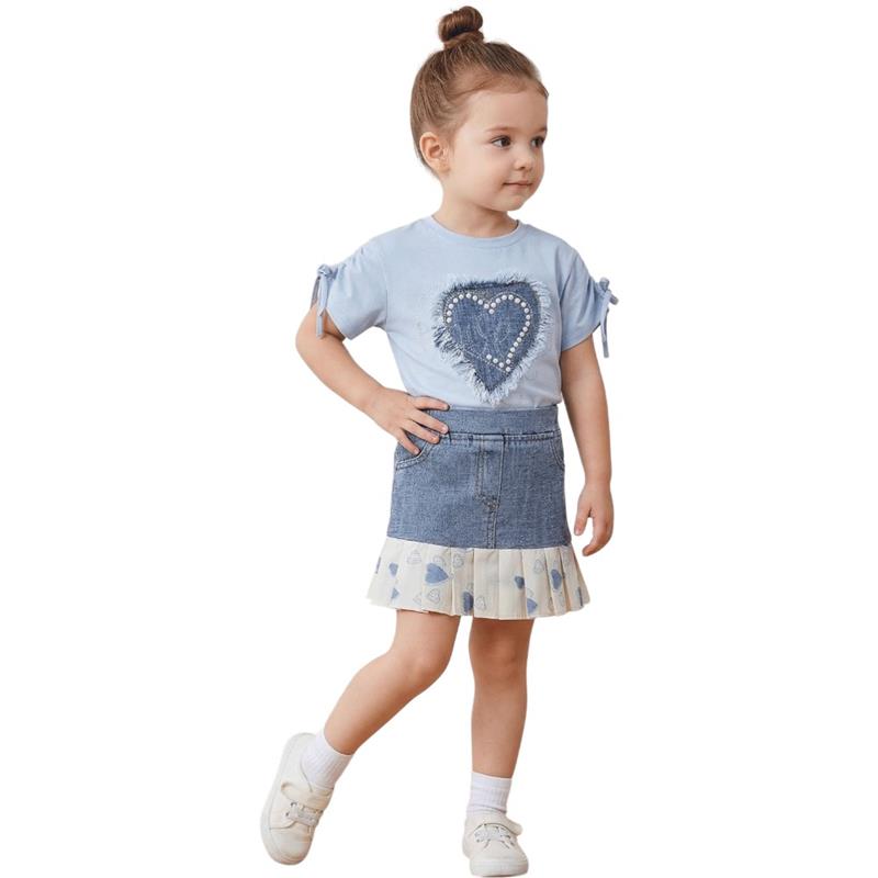 26415 Toptan 2-5 yaş arası kız çocuklar için etekli tişörtlü yazlık iki parçalı takımlar