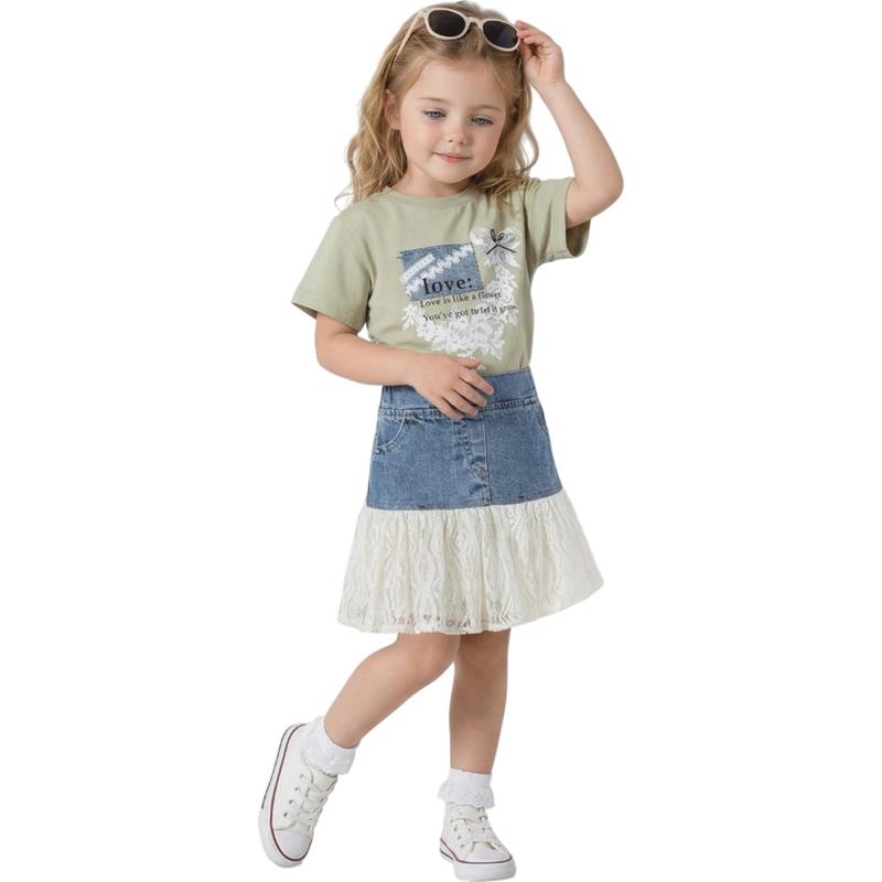 26436 Toptan 2-5 yaş arası kız çocuklar için etekli tişörtlü yazlık iki parçalı takımlar