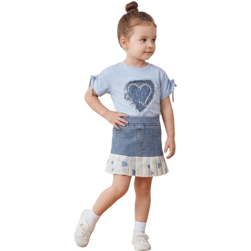 26416 Toptan 6-9 yaş arası kız çocuklar için etekli tişörtlü yazlık iki parçalı takımlar