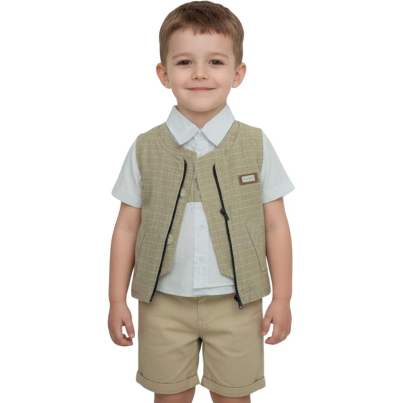 ​26739 toptan 1-4 yaş erkek çocuklar için yazlık yelekli,tişörtlü ve şortlu üçlü takımlar