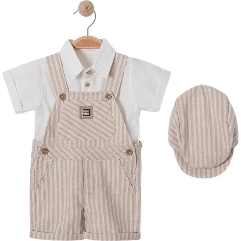 6302 toptan 9-24 aylık erkek çocuklar için yazlık gömlek ve şapkalı salopet takımı