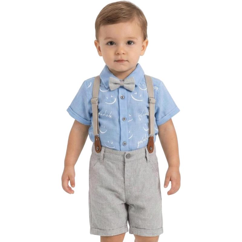 2112 toptan 9/24 aylık erkek çocuklar için yazlık papyonlu gömlek, şort ve askılı iki parçalı takım elbise 