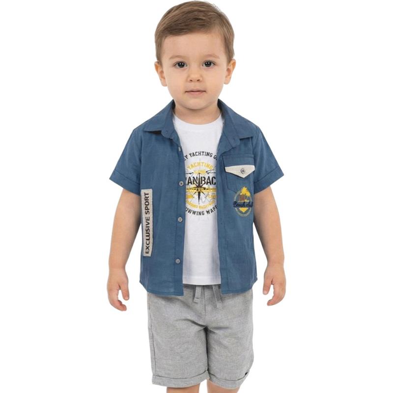 2110 toptan 2-5 yaş arası erkek çocuklar için yazlık gömlek, tişört ve şort üç parçalı takım elbise 