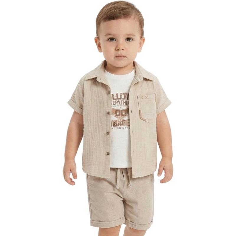 2101 toptan 1-4 yaş arası erkek çocuklar için yazlık gömlek, tişört ve şort üç parçalı takım elbise