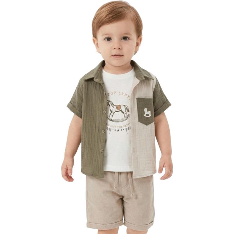 2105 toptan 1-4 yaş arası erkek çocuklar için yazlık gömlek, tişört ve şort üç parçalı takım elbise