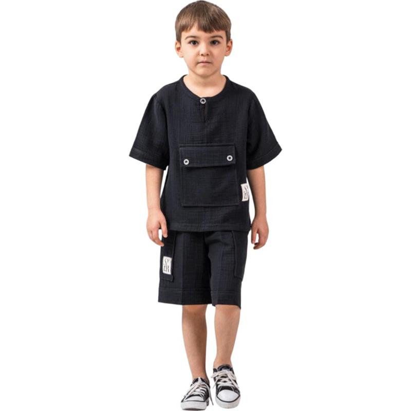 3006 toptan 3-6 yaş arası erkek çocuklar için yazlık gömlek ve şortlu ikili takım