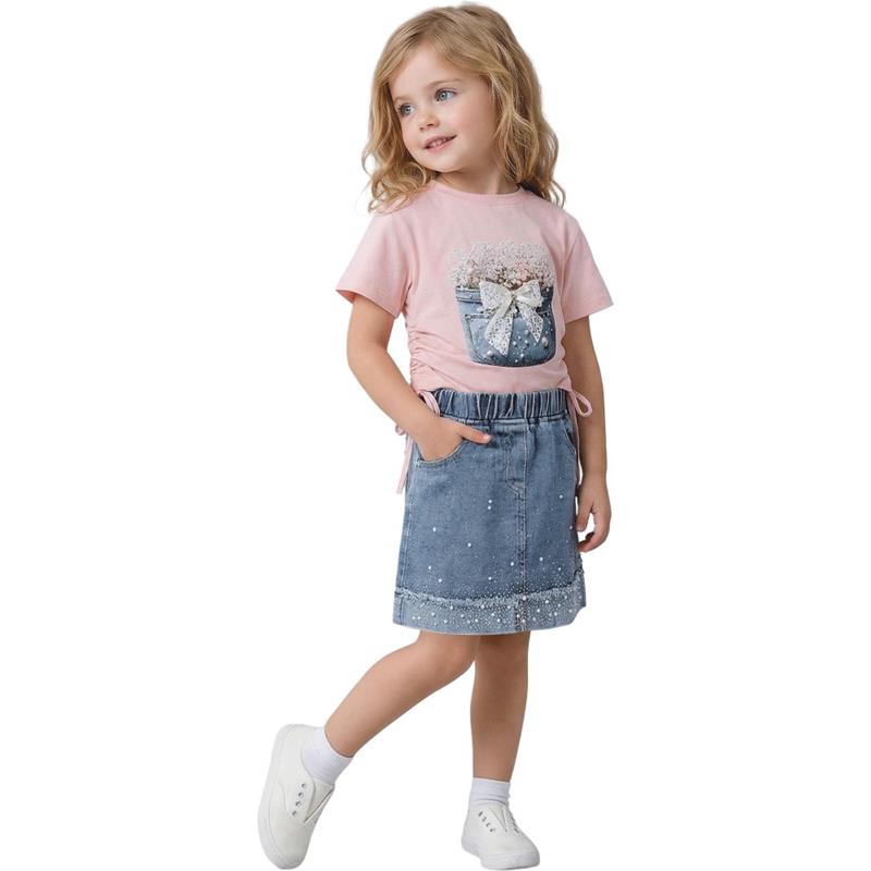 26434 Toptan 2-5 yaş arası kız çocuklar için kot etekli tişörtü yazlık iki parçalı takımlar