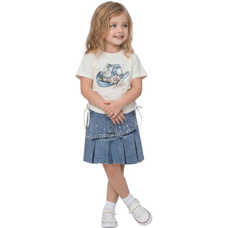 26444 Toptan 2-5 yaş arası kız çocuklar için kot etekli tişörtü yazlık iki parçalı takımlar