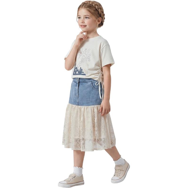 26432 Wholesale children's summer two-piece sets, T-shirts with denim skirts for girls aged 6/9 years