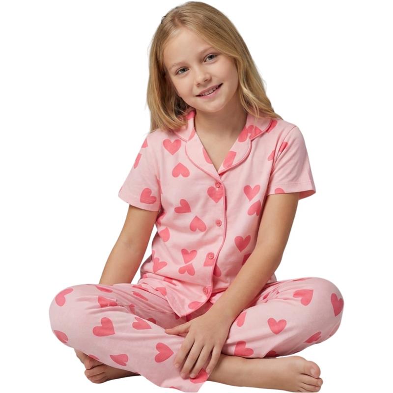07876 toptan 7-10 yaş arası kız çocuklar için kalp desenli yazlık pijama takımları