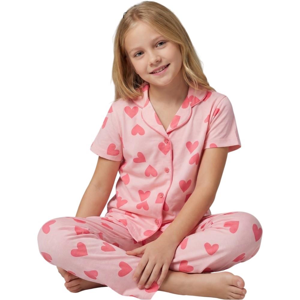 07876 Оптовая продажа летних пижамных комплектов с рисунком в виде сердечек для девочек 7-10 лет