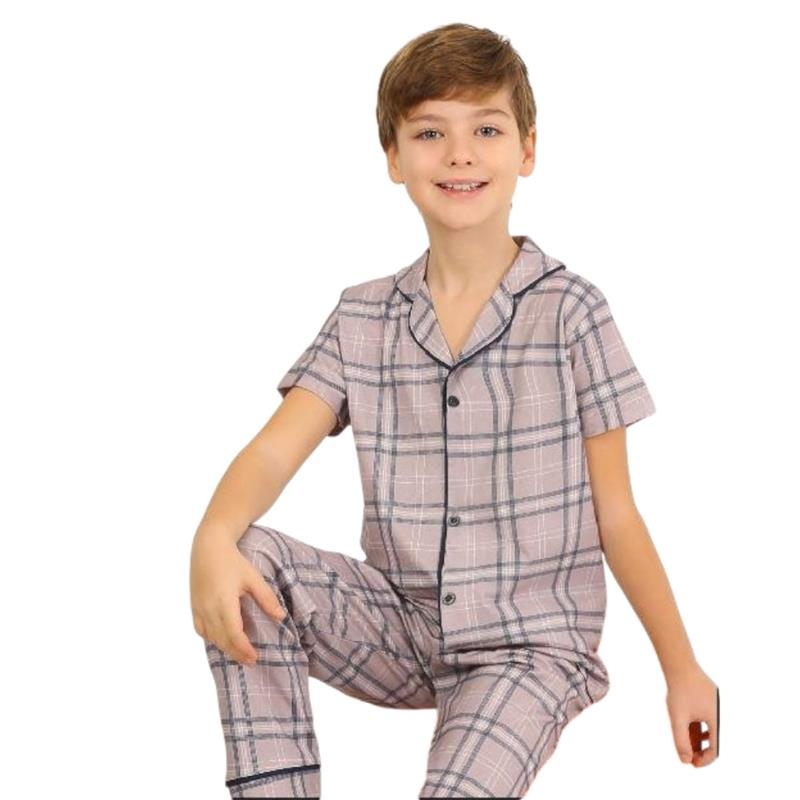 79500 toptan 10-15 yaş arası erkek çocuklar için düğmeli, kare desenli yazlık pijama