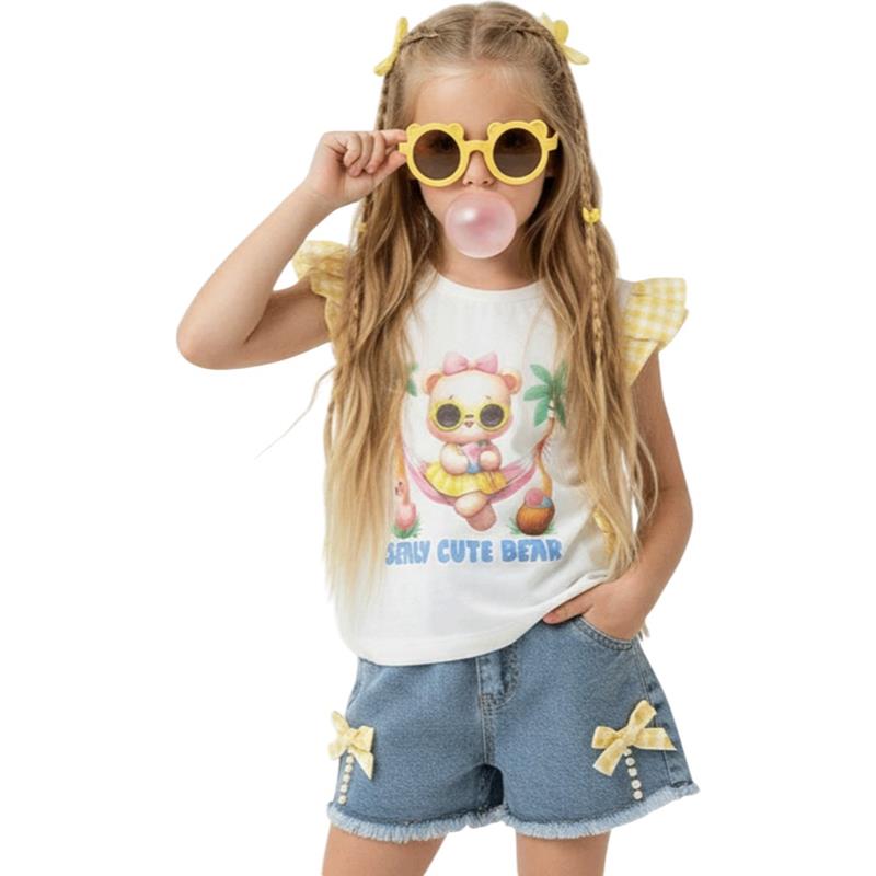 12339 Toptan 3-6 yaş arası kız çocuklar için yazlık tişört, kot şortlu ve gözlüklü takım
