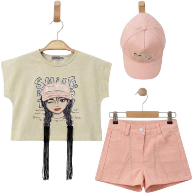 12348 toptan 2-5 yaş arası kız çocuklar için şapkalı yazlık iki parçalı takım elbise