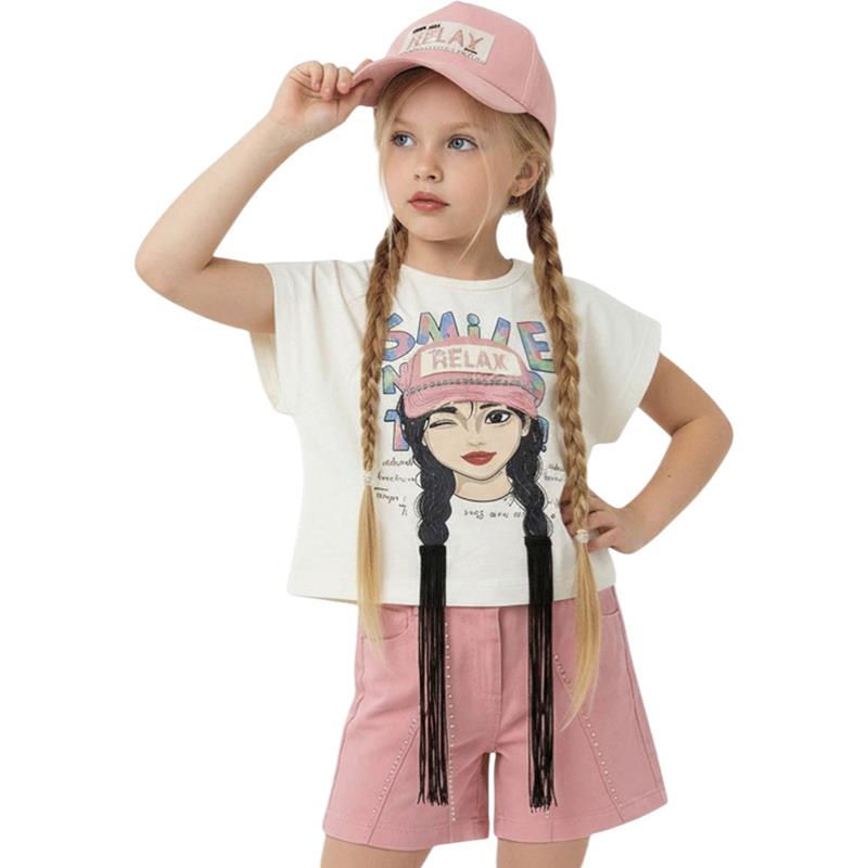 12349 toptan 6-9 yaş arası kız çocuklar için şapkalı yazlık iki parçalı takım elbise