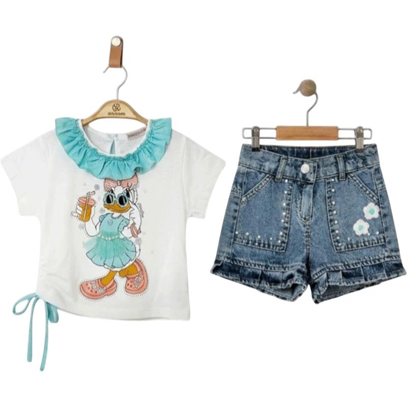 12334 toptan 3-6 yaş arası kız çocuklar için yazlık tişört ve kot şort takımı