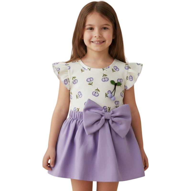 745  toptan 2-5 yaş arası kız çocuklar için yazlık kiraz desenli badi ve etekli ikili takım