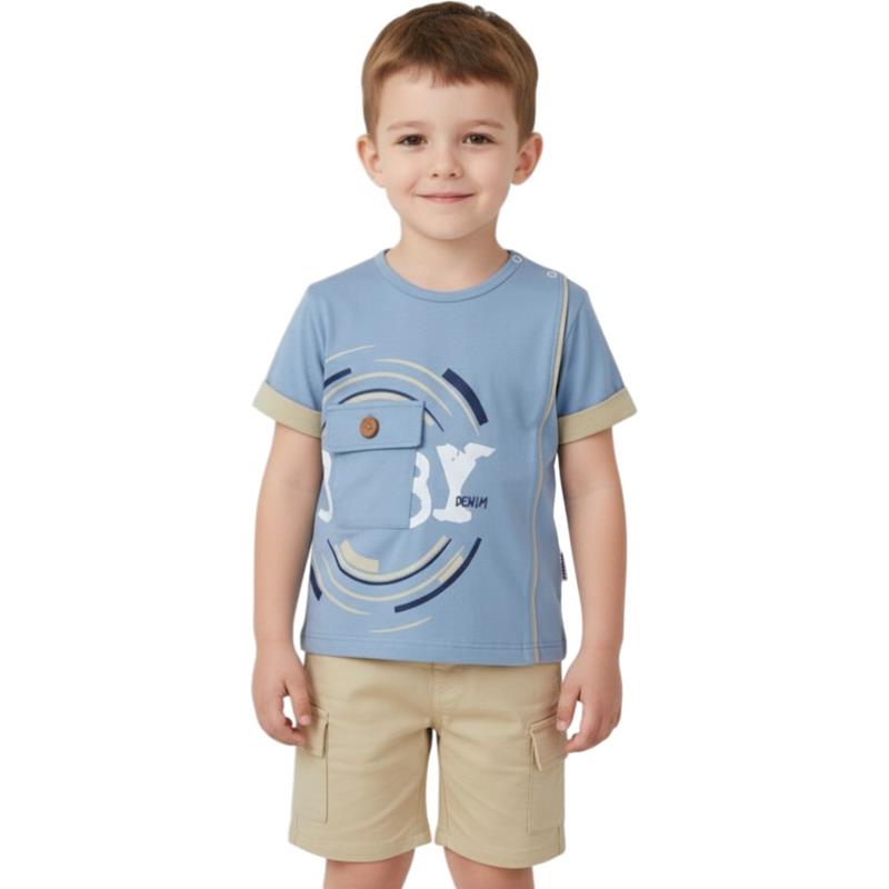 2603 Оптовая продажа летнего комплекта из двух предметов для мальчиков 9-24 месяцев: футболка с карманами и шорты