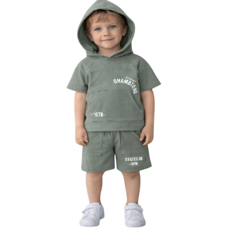 4624 toptan 2/5 yaşlı erkek çocuklar için 1978 baskılı kapüşonlu tişört be şortlu yazlık ikili takım 