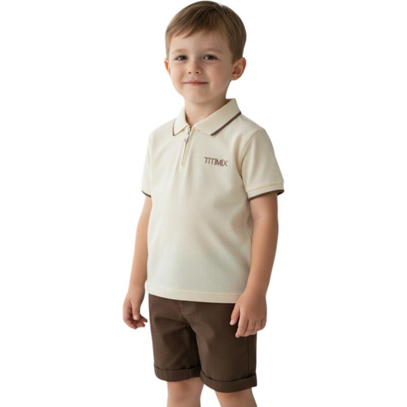 26748 toptan 9-24 aylık erkek çocuklar için yazlık polo yakalı tişört ve şortlu iki parçalı takım