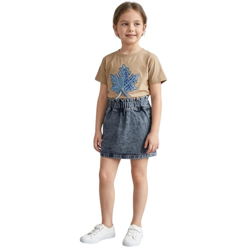 26441 Wholesale summer leaf embroidered t-shirt and denim skirt set for girls aged 2-5 years.